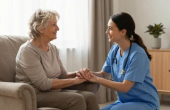 A private sitter for the elderly holding the hand of a senior woman in a living room, providing companionship and emotional support at home.