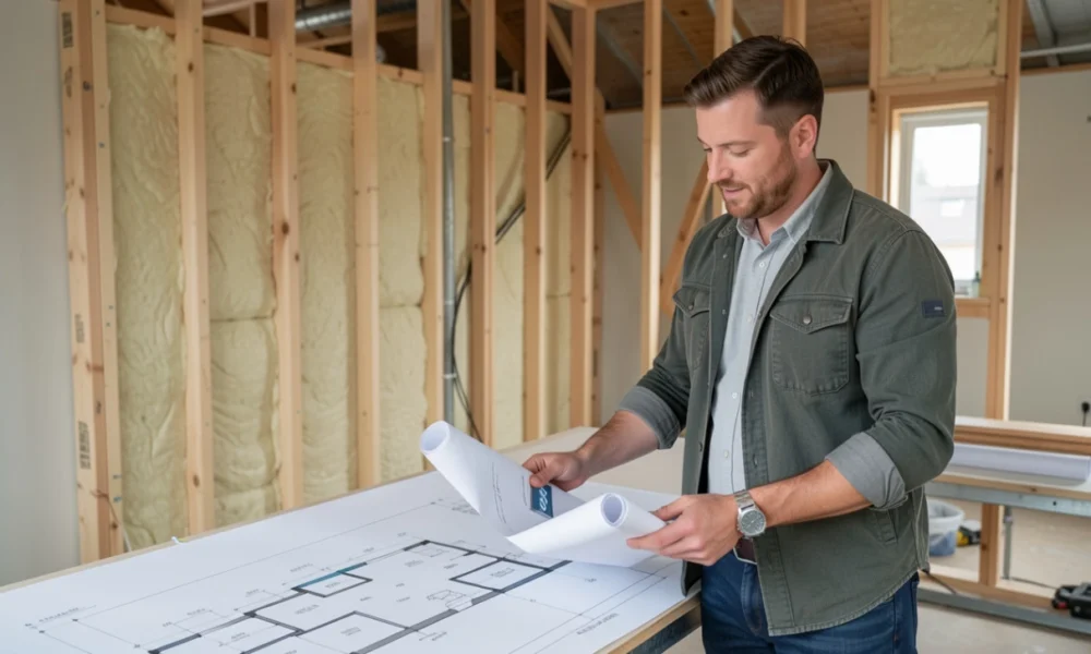 SAP EPC assessor reviewing building plans and holding tablet on UK new build construction site with timber frame house in background
