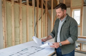 SAP EPC assessor reviewing building plans and holding tablet on UK new build construction site with timber frame house in background