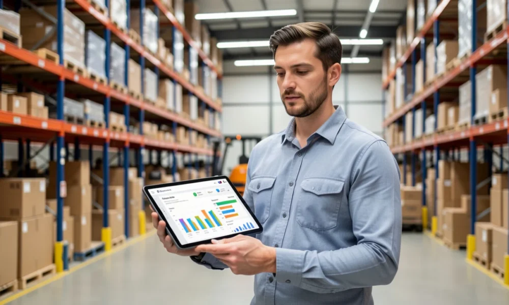 A logistics manager uses supply chain analytics software on a tablet in a modern warehouse, displaying real-time inventory data and demand forecasting dashboards.