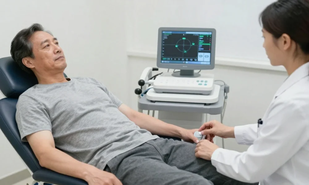 Healthcare professional using the TM Flow System to perform a non-invasive vascular assessment on a male patient in a medical office.
