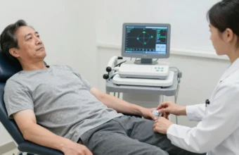 Healthcare professional using the TM Flow System to perform a non-invasive vascular assessment on a male patient in a medical office.