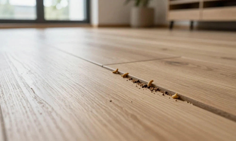 Close-up view of termite mud tubes and damage on wooden floor inside a home, indicating an active infestation requiring pest control inspection.