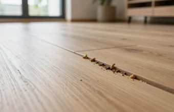 Close-up view of termite mud tubes and damage on wooden floor inside a home, indicating an active infestation requiring pest control inspection.