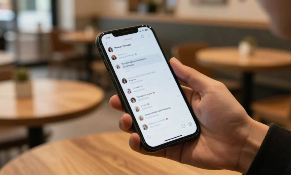 A person holds a smartphone displaying the Threads app with a celebrity conversation, illustrating social media marketing for entertainment publishers in 2026.