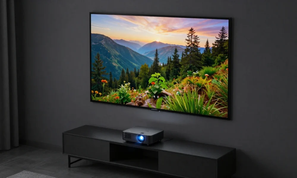 A modern living room featuring an ultra short throw projector placed on a low console, projecting a vibrant nature scene onto an ALR screen against the wall.