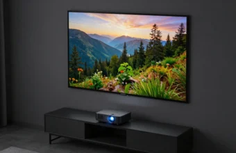 A modern living room featuring an ultra short throw projector placed on a low console, projecting a vibrant nature scene onto an ALR screen against the wall.