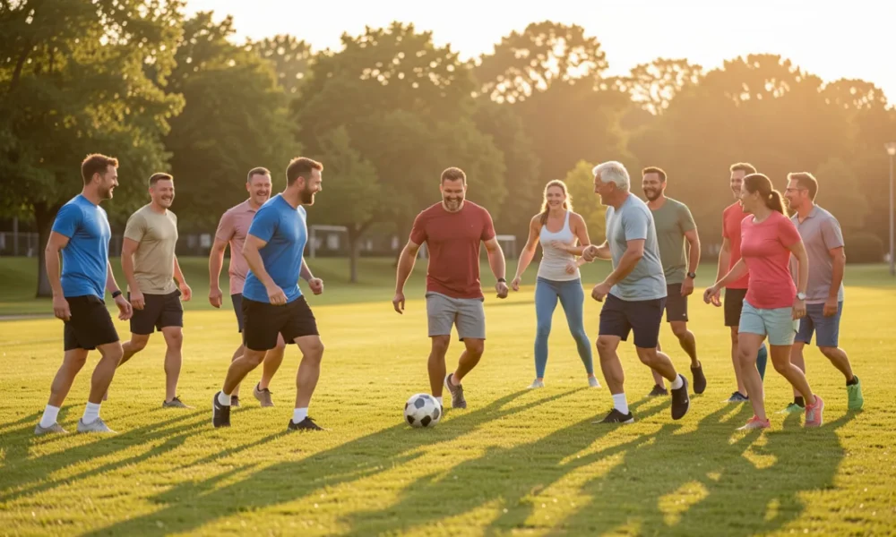 Diverse group of happy adults playing a co-ed recreational soccer game in a public park during sunset.