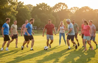 Diverse group of happy adults playing a co-ed recreational soccer game in a public park during sunset.