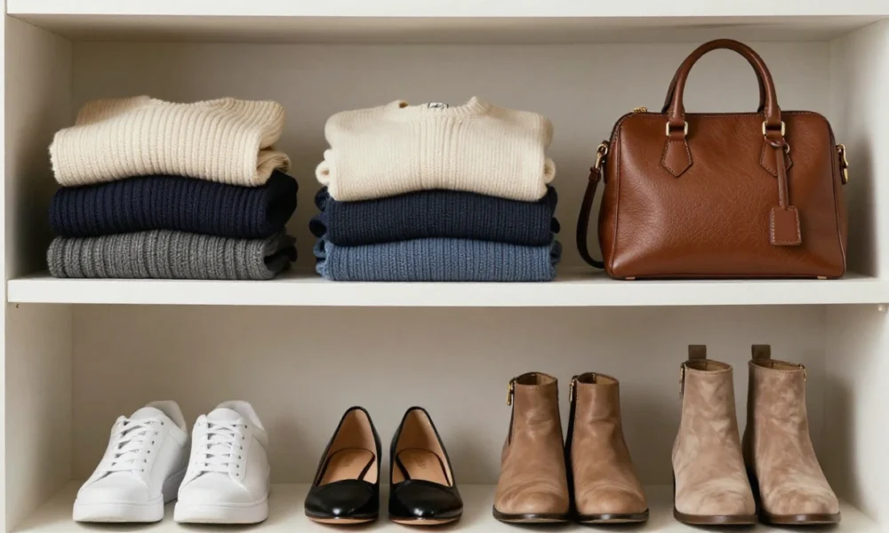 Organized minimalist capsule wardrobe featuring essential clothing items including white shirt, blazer, jeans, sweaters and neutral footwear arranged neatly on hangers and shelves