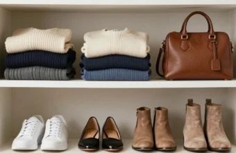 Organized minimalist capsule wardrobe featuring essential clothing items including white shirt, blazer, jeans, sweaters and neutral footwear arranged neatly on hangers and shelves