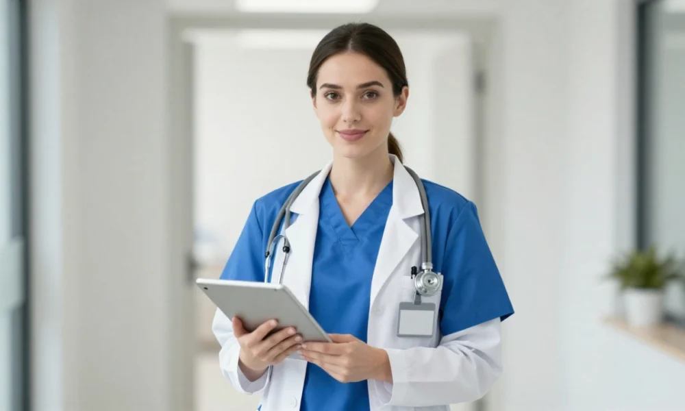 Confident BSN-educated registered nurse reviewing patient data on tablet in modern hospital corridor, representing career advancement and specialized nursing opportunities after earning a Bachelor of Science in Nursing degree.