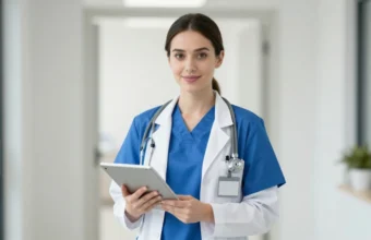 Confident BSN-educated registered nurse reviewing patient data on tablet in modern hospital corridor, representing career advancement and specialized nursing opportunities after earning a Bachelor of Science in Nursing degree.