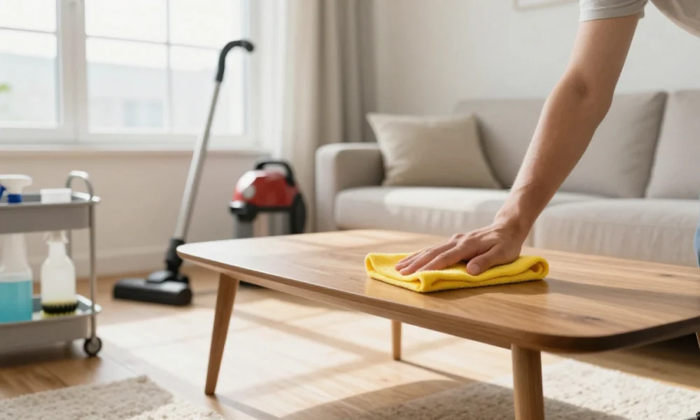 Person wiping a wooden coffee table with a microfiber cloth while following a proper cleaning order in a bright, modern living room