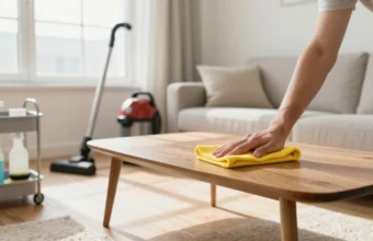 Person wiping a wooden coffee table with a microfiber cloth while following a proper cleaning order in a bright, modern living room