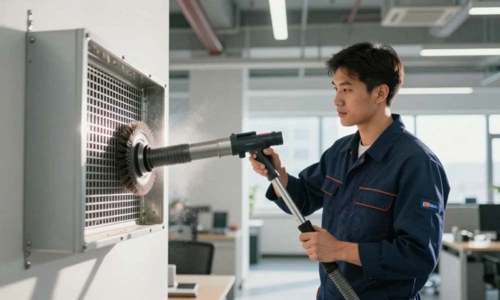 commercial duct cleaning technician using rotary brush and HEPA vacuum in modern office building HVAC system maintenance