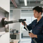 commercial duct cleaning technician using rotary brush and HEPA vacuum in modern office building HVAC system maintenance
