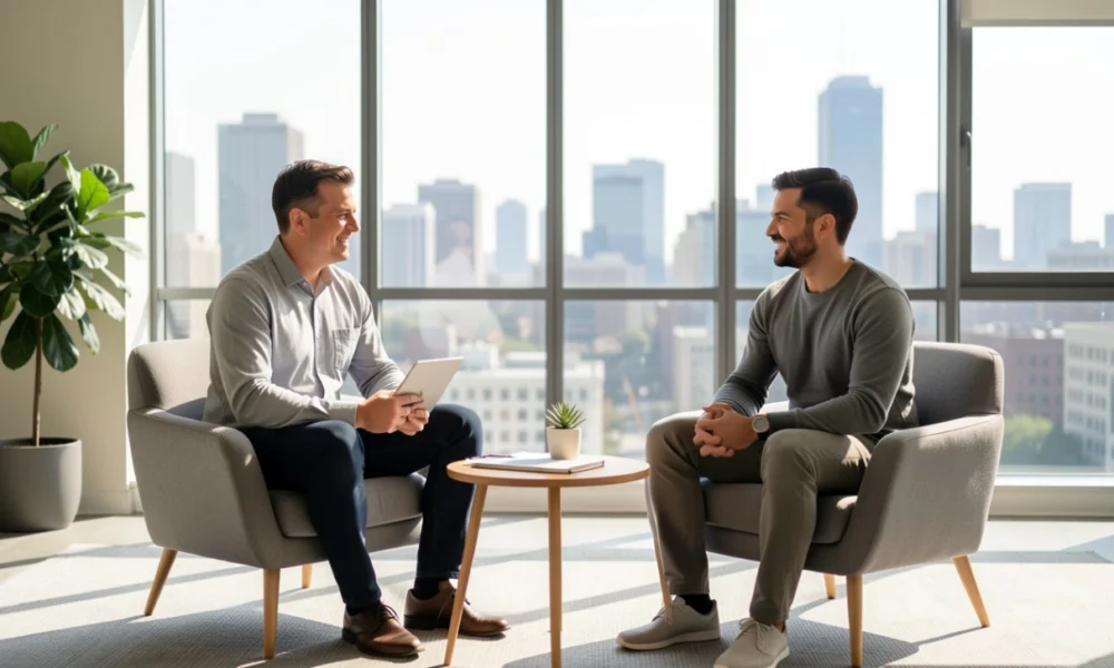 Corporate mentorship meeting in 2026 with a female executive mentoring a young male professional in a modern office lounge, highlighting leadership development and knowledge transfer.