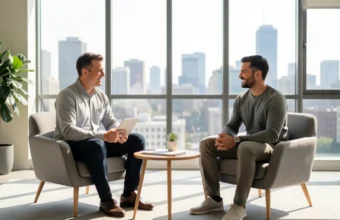 Corporate mentorship meeting in 2026 with a female executive mentoring a young male professional in a modern office lounge, highlighting leadership development and knowledge transfer.