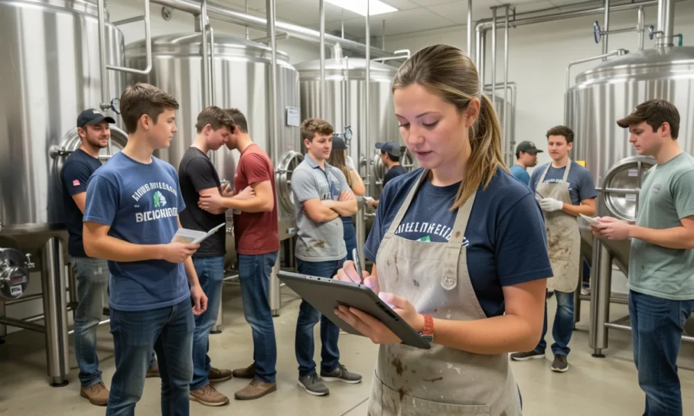 Professional brewery workers collaborating in a modern craft beer facility, representing diverse craft beer careers in production and quality control.