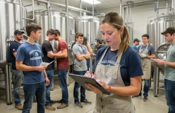 Professional brewery workers collaborating in a modern craft beer facility, representing diverse craft beer careers in production and quality control.