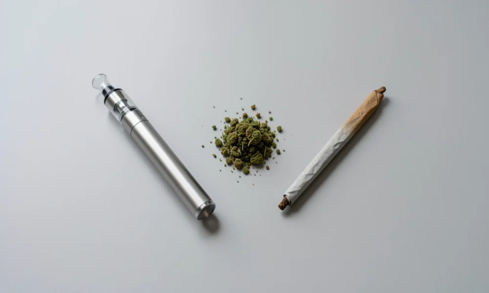A side-by-side comparison of a disposable weed pen and a traditional rolled joint on a neutral background, representing two methods of cannabis consumption.