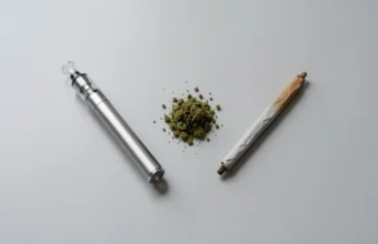 A side-by-side comparison of a disposable weed pen and a traditional rolled joint on a neutral background, representing two methods of cannabis consumption.
