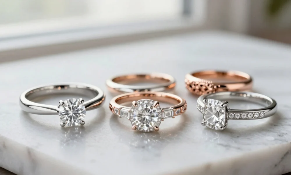 A selection of five popular engagement ring styles displayed on marble, including a classic solitaire, a diamond halo, a vintage-inspired filigree ring, a three-stone ring, and a modern split-shank band.