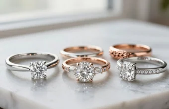 A selection of five popular engagement ring styles displayed on marble, including a classic solitaire, a diamond halo, a vintage-inspired filigree ring, a three-stone ring, and a modern split-shank band.