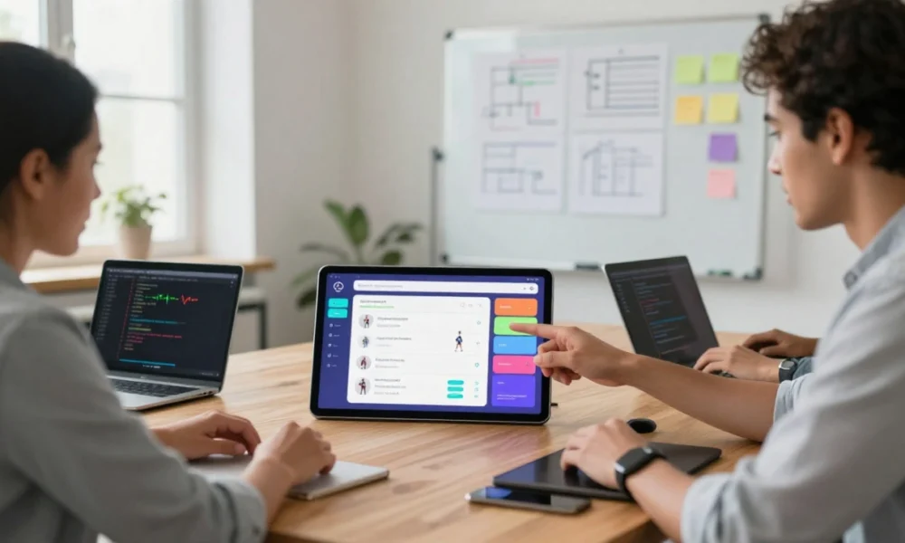 Development team collaborating on fitness app interface design with workout tracking prototype visible on tablet