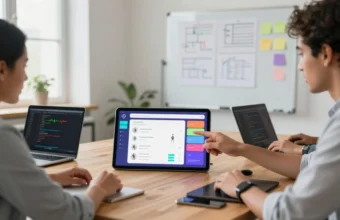 Development team collaborating on fitness app interface design with workout tracking prototype visible on tablet