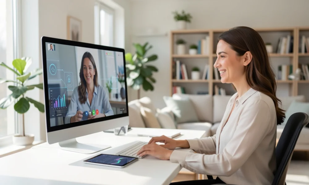 A focused professional works remotely in a modern home office, using a video call on a monitor alongside a tablet displaying data analytics, representing the future of remote work in 2026 with AI integration and hybrid models.