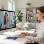 A focused professional works remotely in a modern home office, using a video call on a monitor alongside a tablet displaying data analytics, representing the future of remote work in 2026 with AI integration and hybrid models.