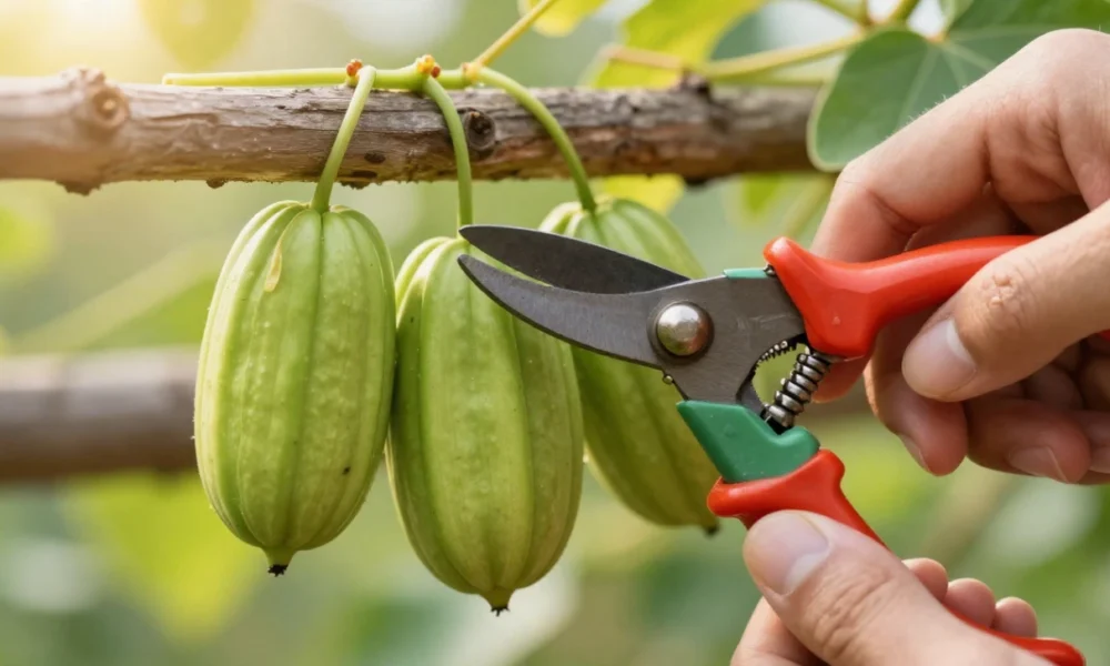 A hand harvesting ripe cucamelons, also known as Mexican sour gherkins, from a vine on a wooden trellis in a garden.