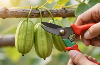A hand harvesting ripe cucamelons, also known as Mexican sour gherkins, from a vine on a wooden trellis in a garden.