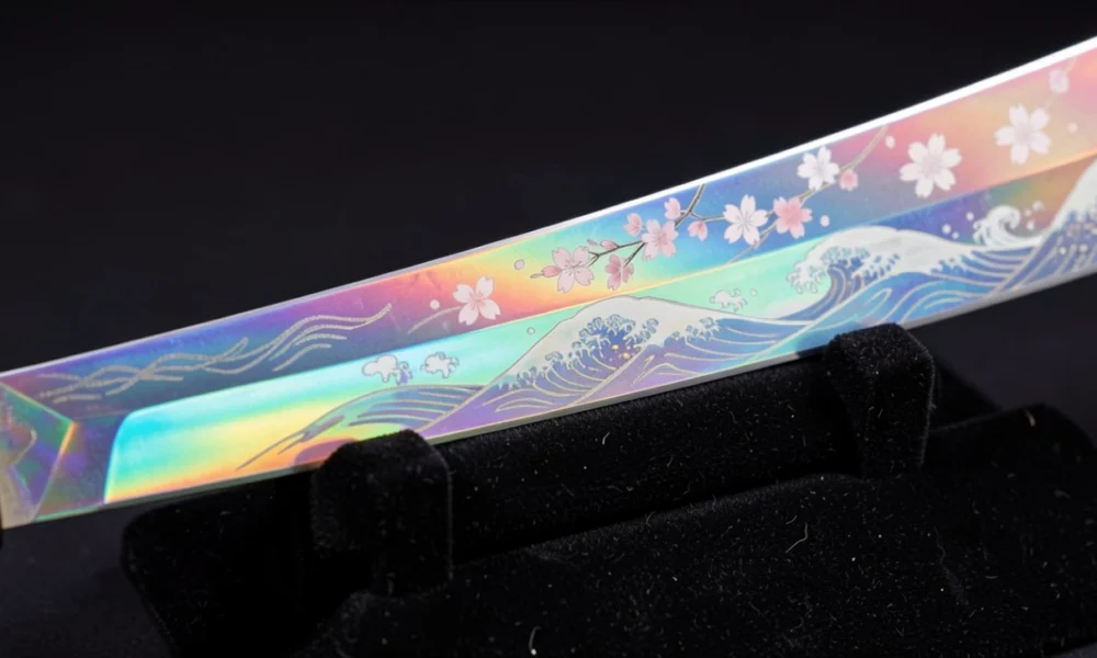 Close-up photorealistic image of a holographic katana blade displaying iridescent traditional Japanese patterns with shifting colors against a dark background, showcasing modern holographic technology integrated with traditional sword craftsmanship.