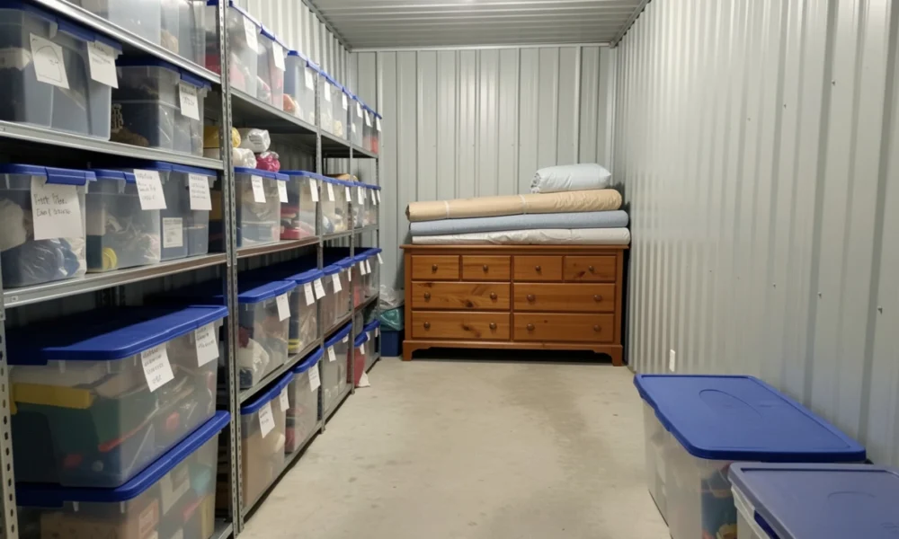 well organized self storage unit with clear plastic bins on metal shelves and a central walking path