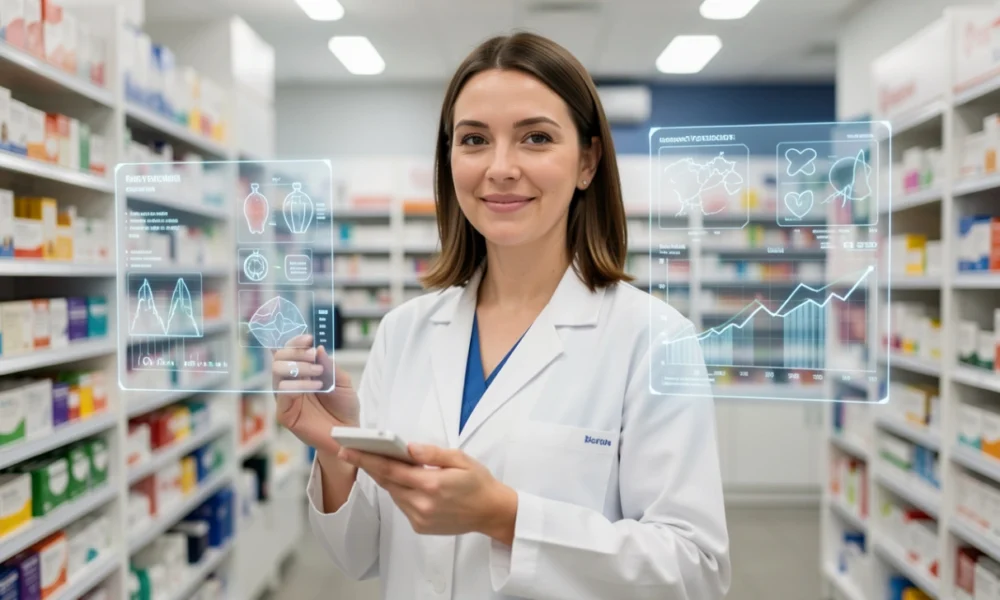 Pharmacist using a digital tablet in a modern pharmacy, representing technology and AI integration in future pharmacy jobs.