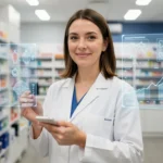 Pharmacist using a digital tablet in a modern pharmacy, representing technology and AI integration in future pharmacy jobs.