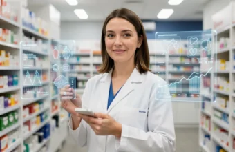 Pharmacist using a digital tablet in a modern pharmacy, representing technology and AI integration in future pharmacy jobs.