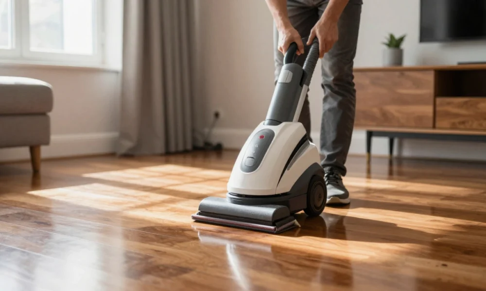 A professional cleaner using an industrial floor scrubber to polish shiny hardwood floors in a bright, modern living room as part of professional hard floor cleaning services.