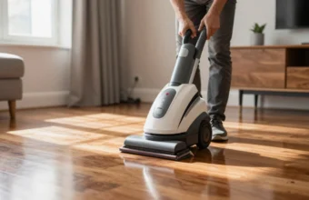 A professional cleaner using an industrial floor scrubber to polish shiny hardwood floors in a bright, modern living room as part of professional hard floor cleaning services.