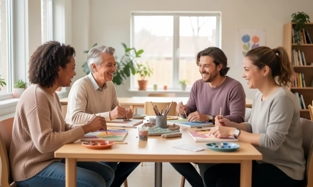 Adults participating in a recovery group art activity, building connection and support.