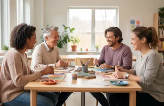 Adults participating in a recovery group art activity, building connection and support.
