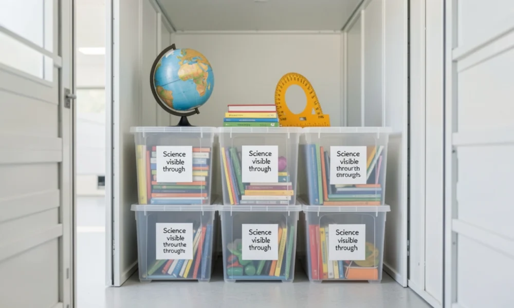 Organized self-storage unit filled with labeled clear plastic bins containing educational supplies like textbooks, art materials, and a globe for classroom or homeschool organization.