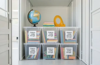 Organized self-storage unit filled with labeled clear plastic bins containing educational supplies like textbooks, art materials, and a globe for classroom or homeschool organization.