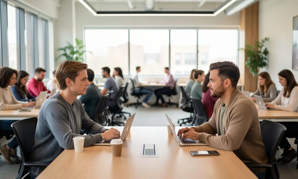 professionals from different businesses collaborating in a meeting area within a modern shared office space, with other members working independently at desks in the background, illustrating the shared office space pros and cons of community versus focused work