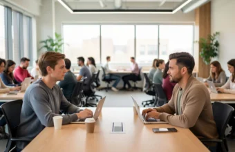 professionals from different businesses collaborating in a meeting area within a modern shared office space, with other members working independently at desks in the background, illustrating the shared office space pros and cons of community versus focused work