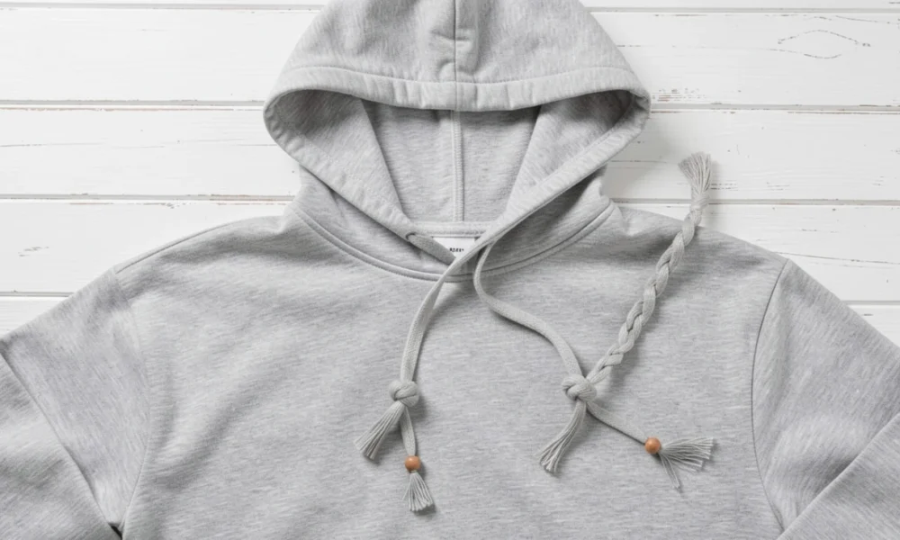 How to style hoodie strings with barrel knot, fishtail braid, and bead embellishments on a grey hoodie flat lay