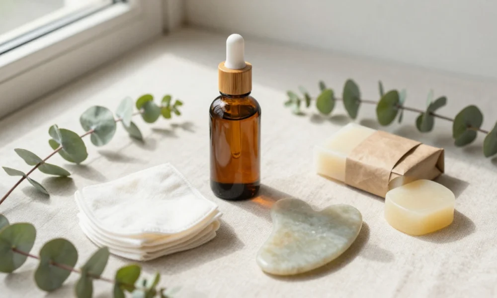 Curated sustainable skincare gifts featuring refillable glass serum bottle, reusable organic cotton pads, gua sha stone, and solid facial oil bar in flat lay composition